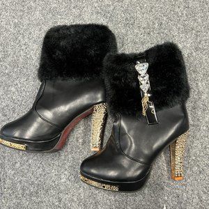 Vero Winter Fluffy High Heel Boots Patent Leather Women Size 8